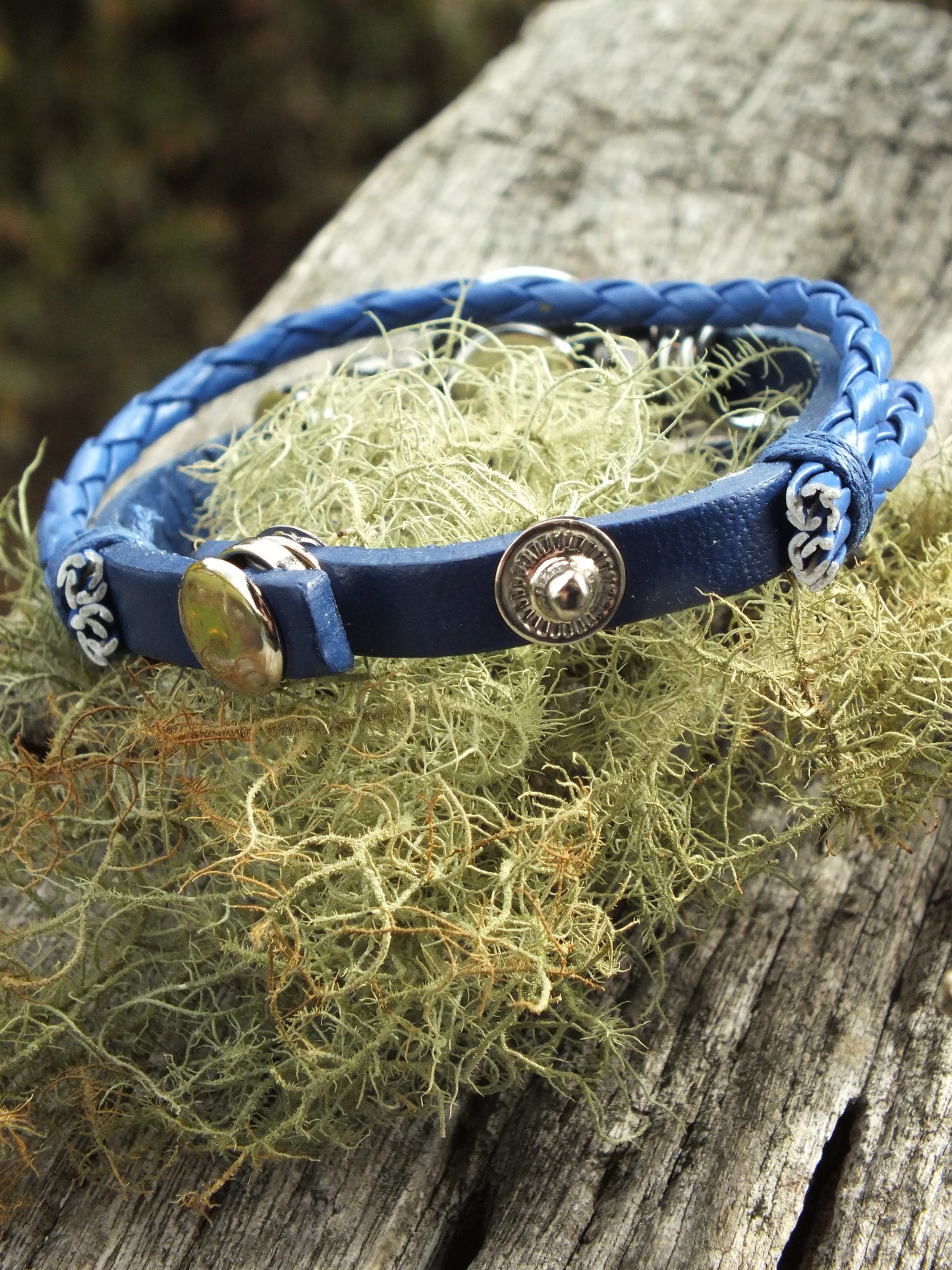Dark Blue Leather Snap Button Diamante Butterfly Bracelet