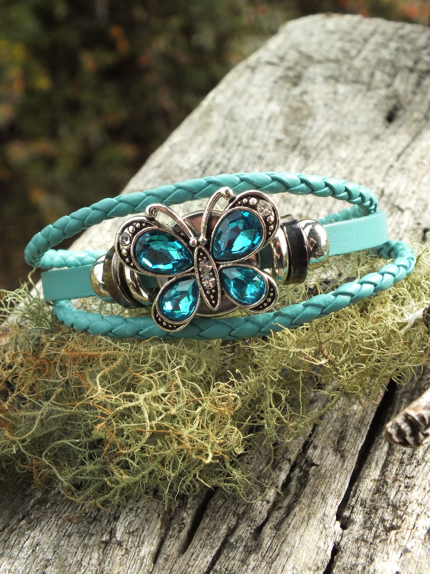 Turquoise Leather Snap Button Diamante Butterfly Bracelet