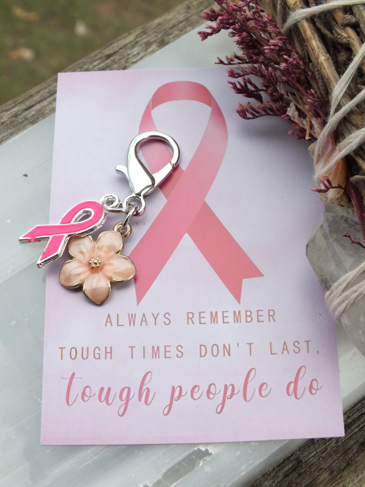 Pink Ribbon & Pink Flower Charm for Breast Cancer Awareness