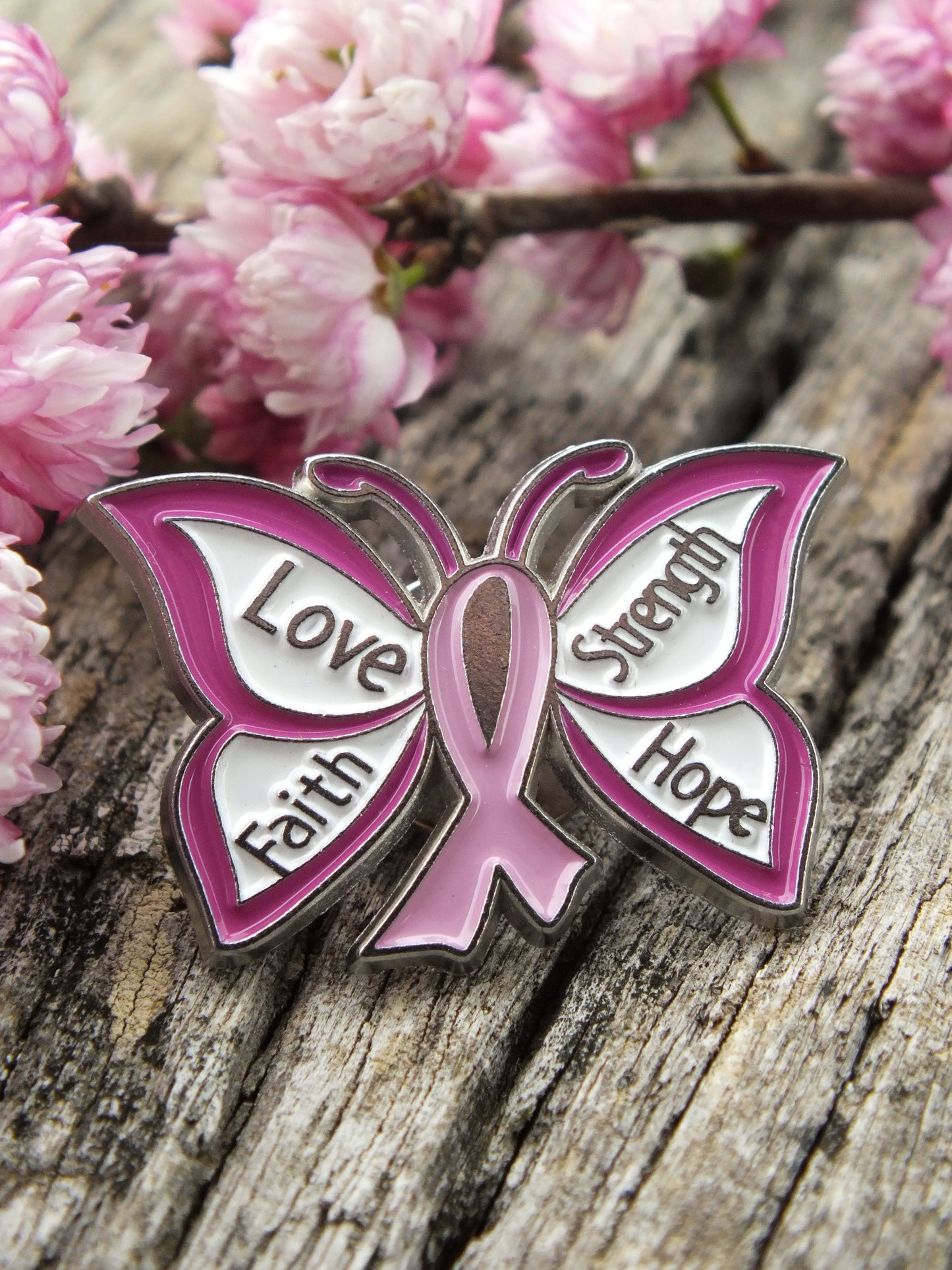 Love Faith Strength & Hope - Pink Ribbon Butterfly Brooch