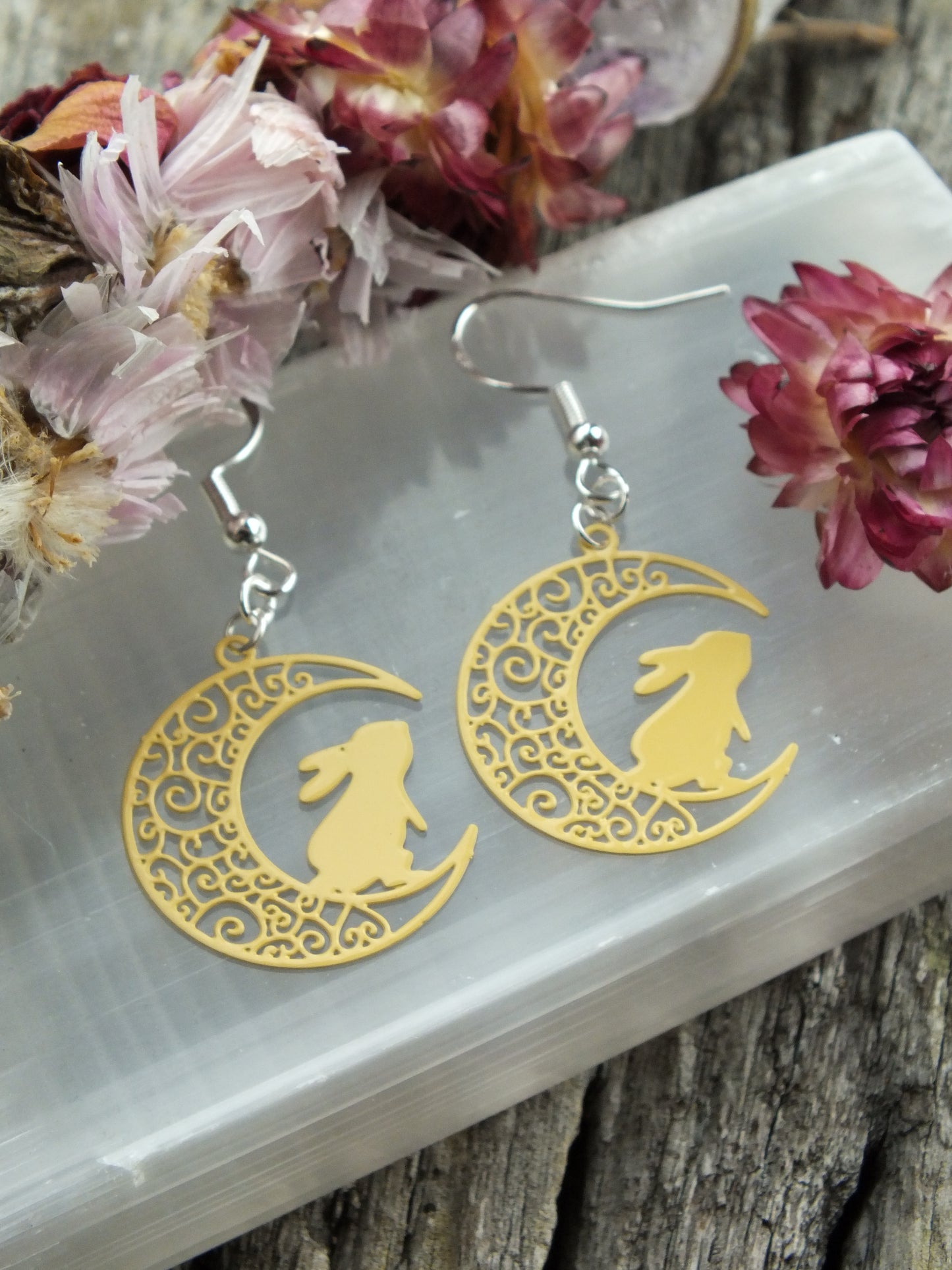 Filigree Moon Rabbit Earrings - Mustard