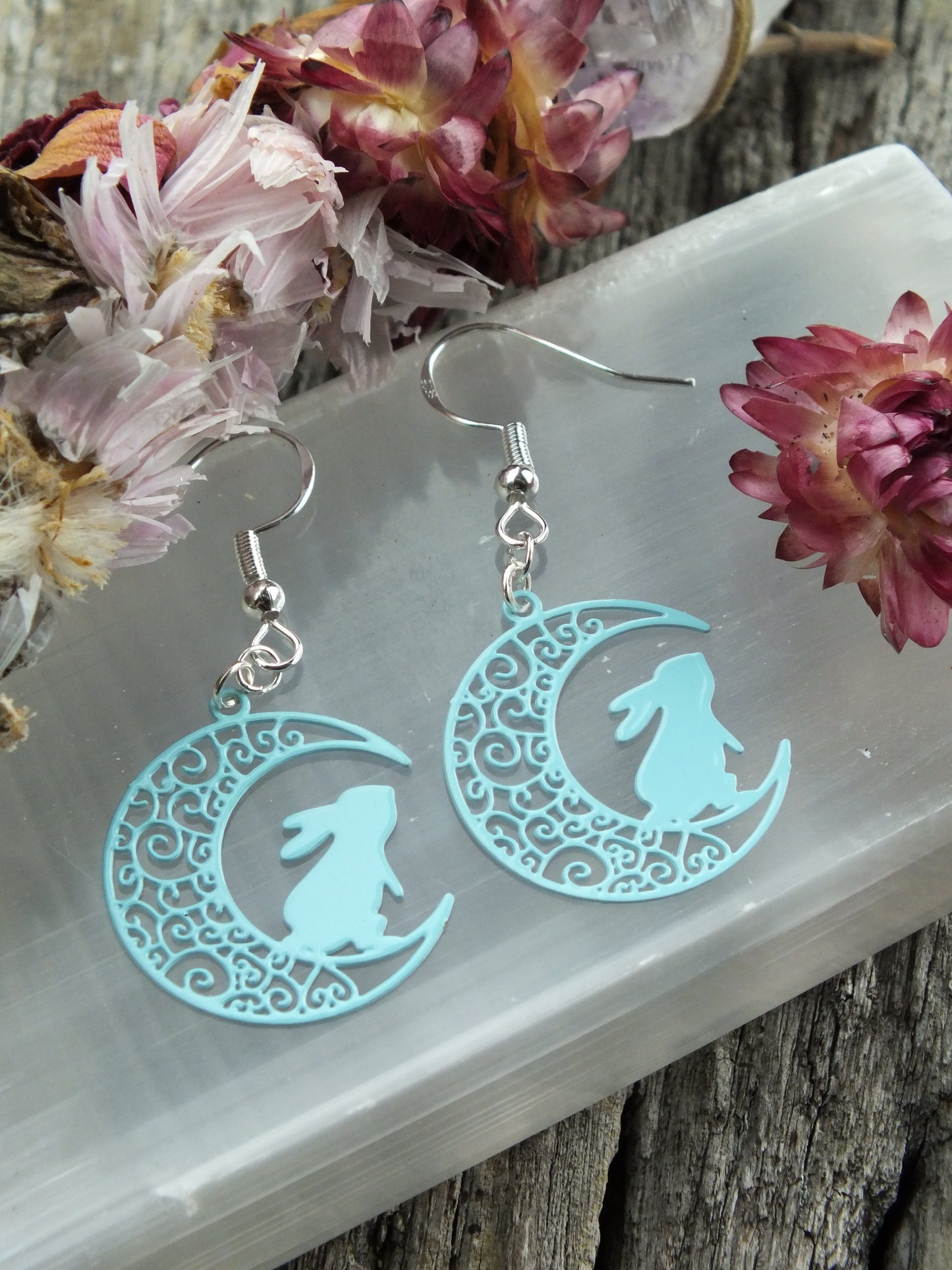 Filigree Moon Rabbit Earrings - Sky Blue