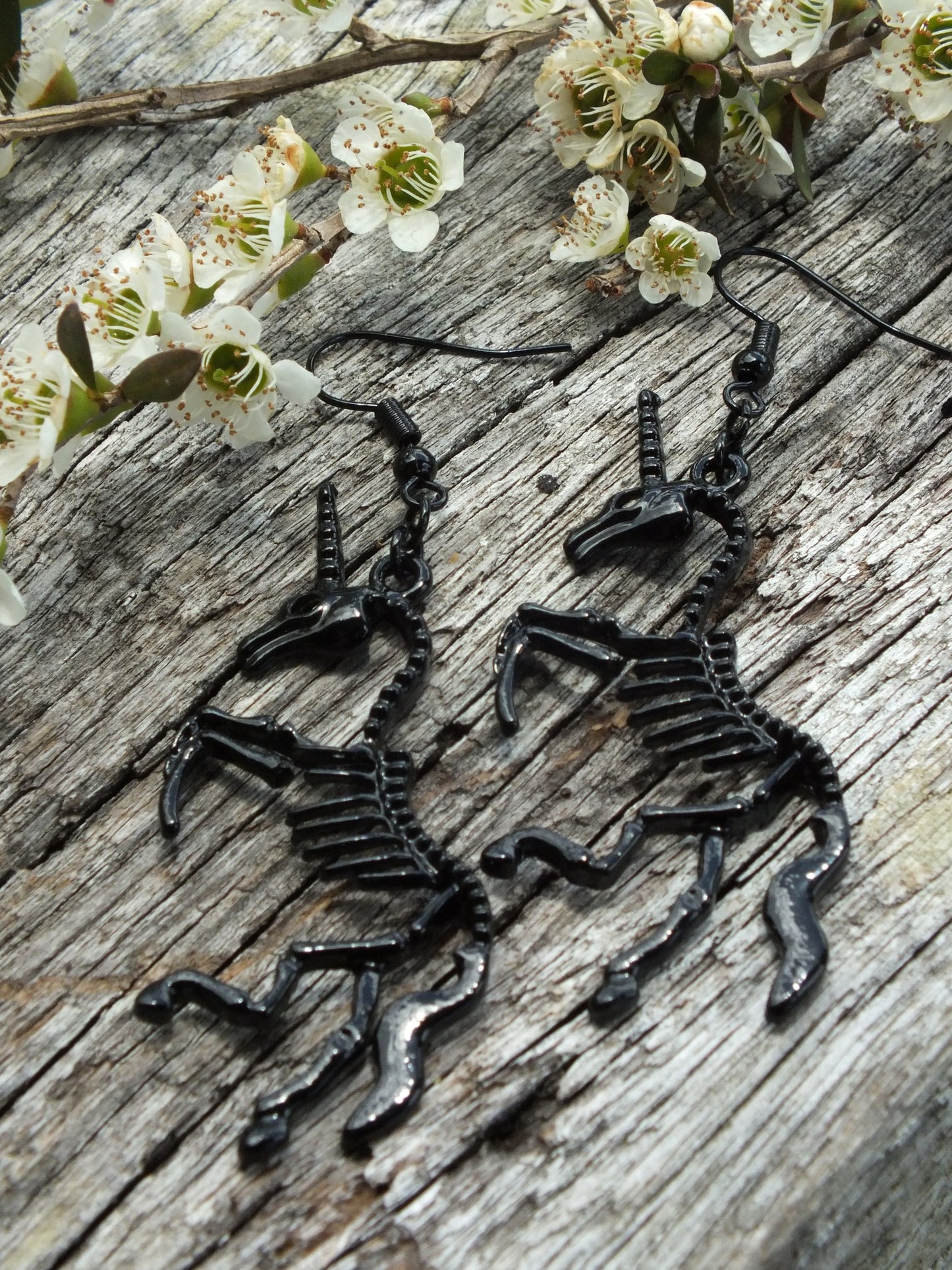 Black Finish Unicorn Skeleton Earrings