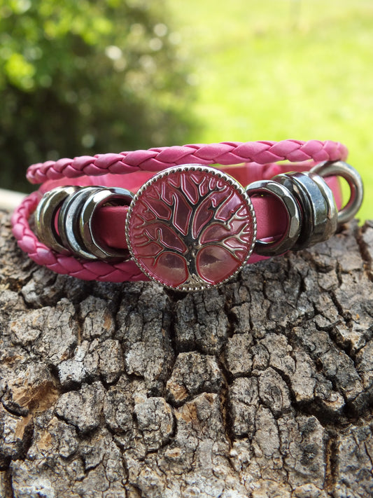 Pink Leather Tree Of Life Snap Button Bracelet