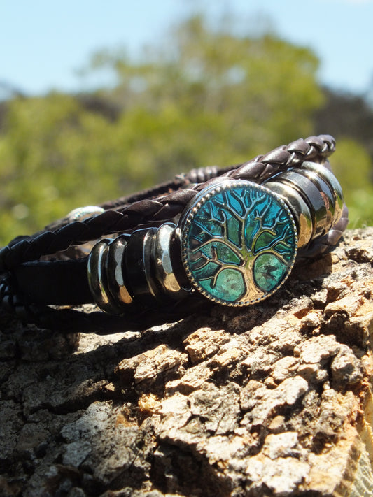 Brown Leather Tree Of Life Snap Button Bracelet