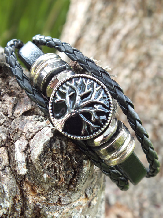 Brown Leather Tree Of Life Snap Button Bracelet