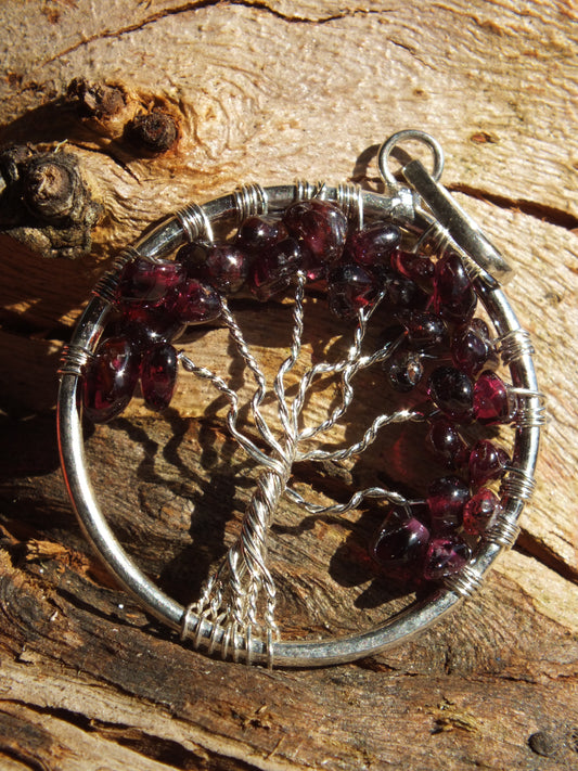 Garnet Chip Wire Tied Tree of Life Pendant