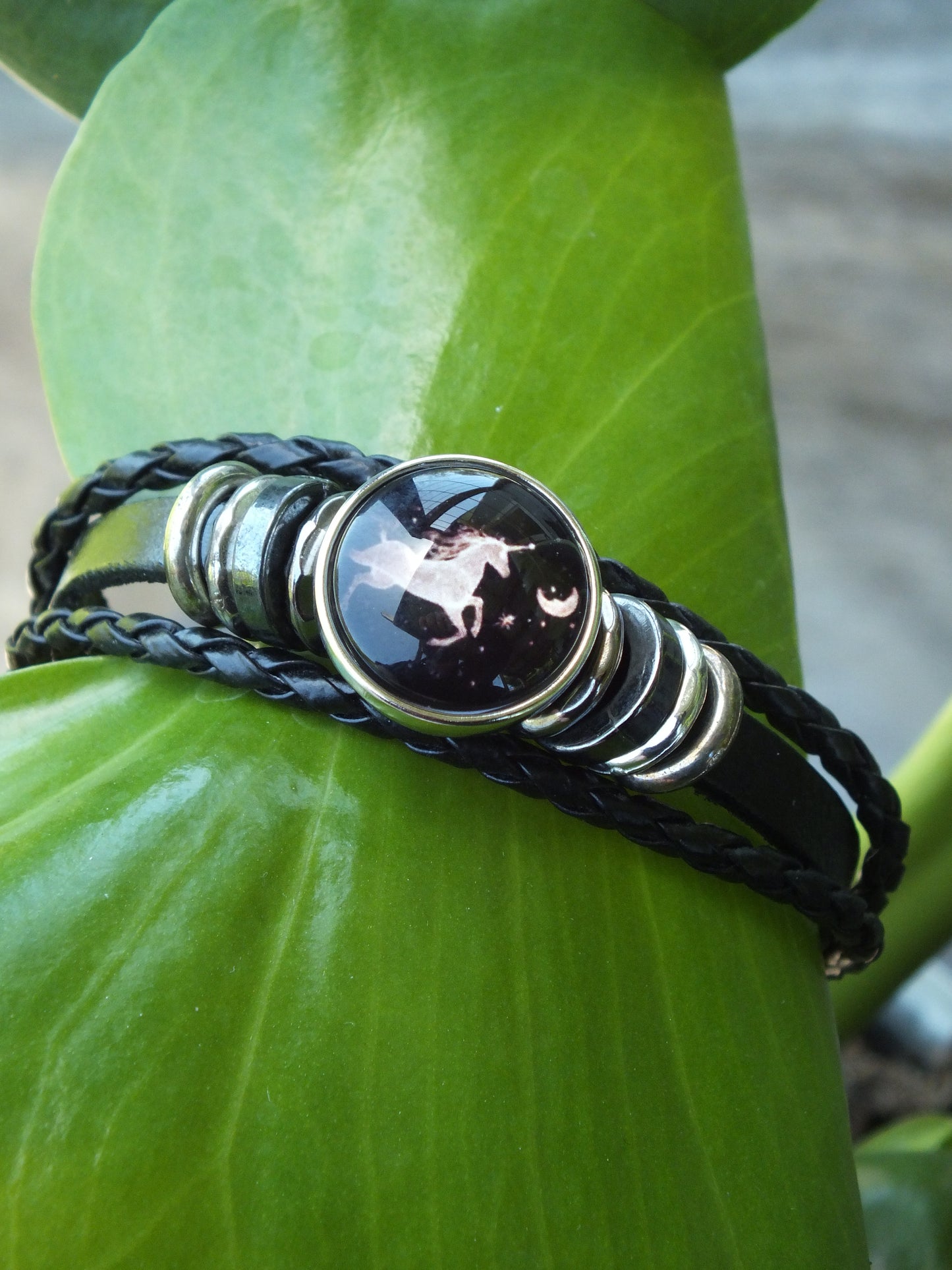 Black Leather Unicorn Snap Button Bracelet