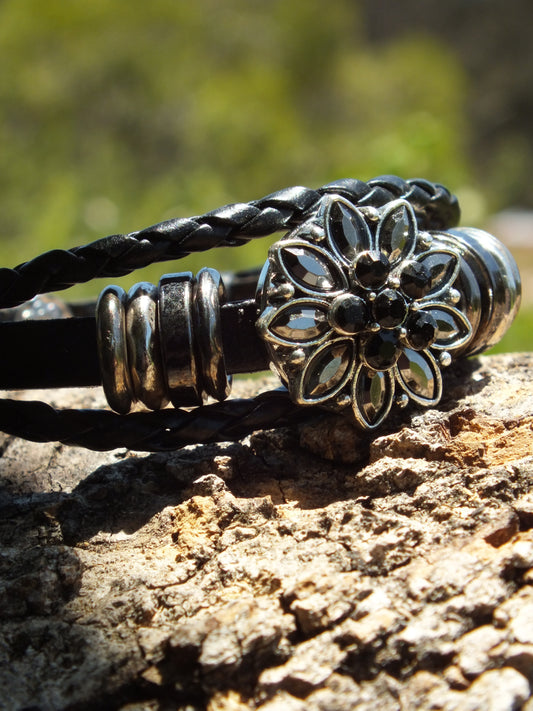Black Leather Diamante Flower Snap Button Bracelet