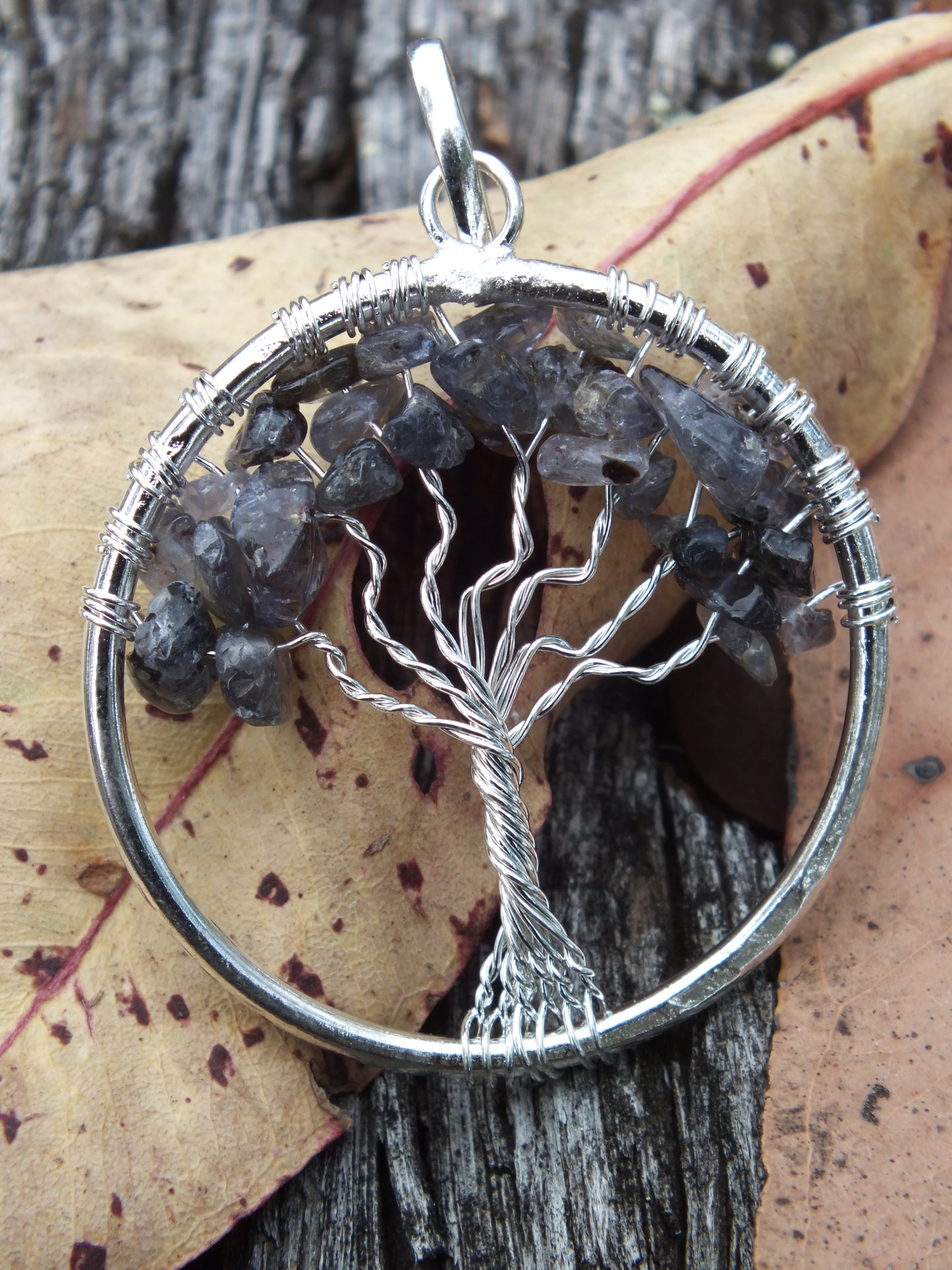 Smoky Quartz Chip Wire Tied Tree Of Life Pendant