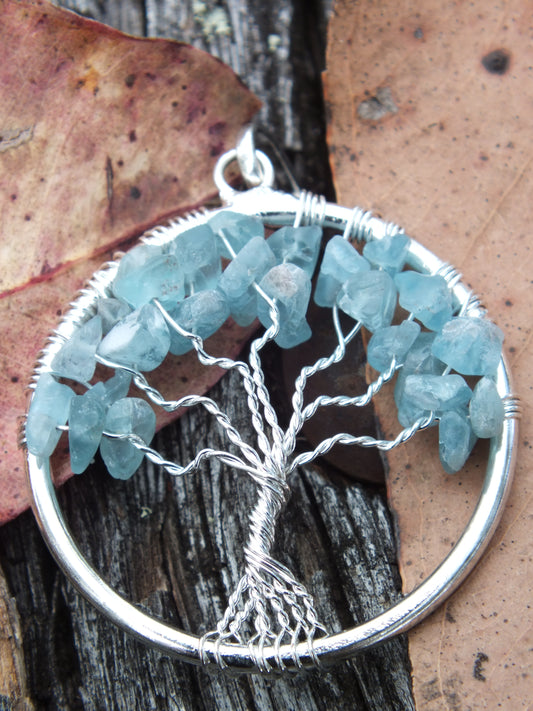 Aquamarine Chip Wire Tied Tree Of Life Pendant