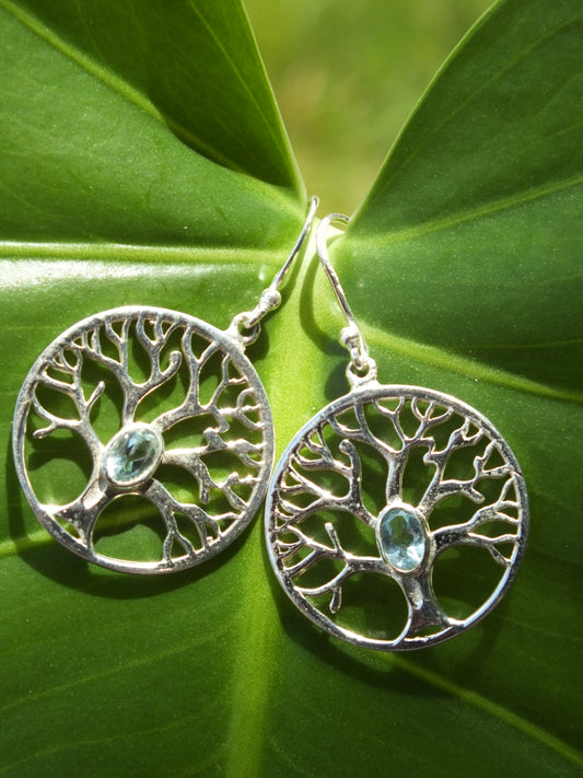 Sterling Silver Aquamarine Tree Of Life Earrings