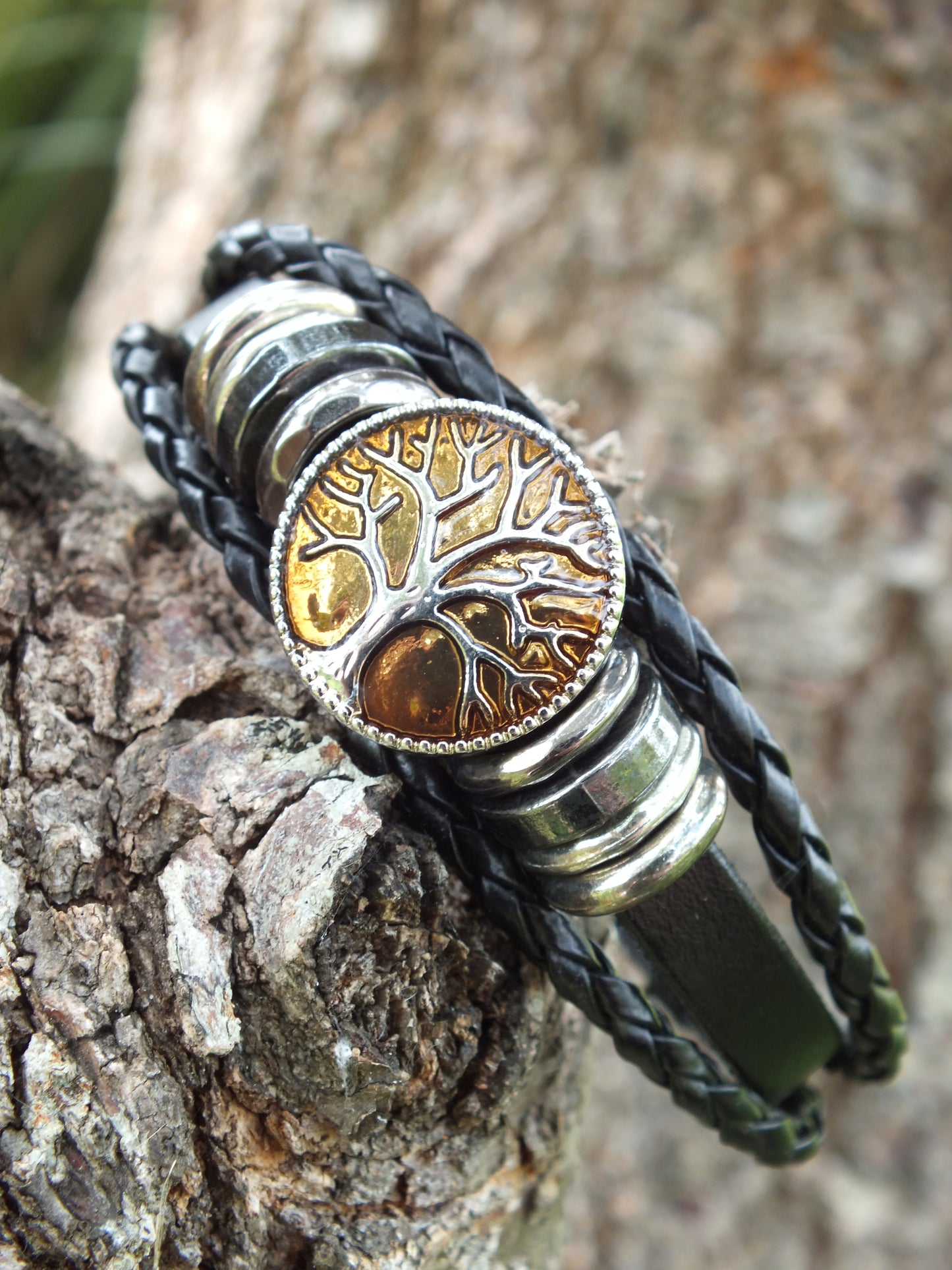 Black Leather Tree Of Life Snap Button Bracelet