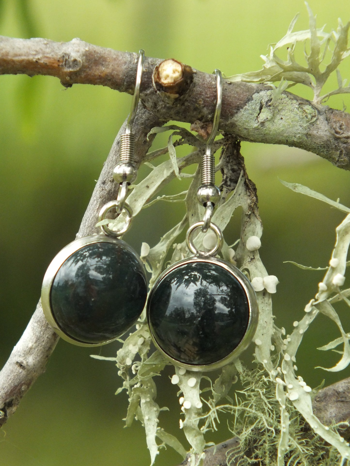 Dark Green Agate Cabochon Earrings