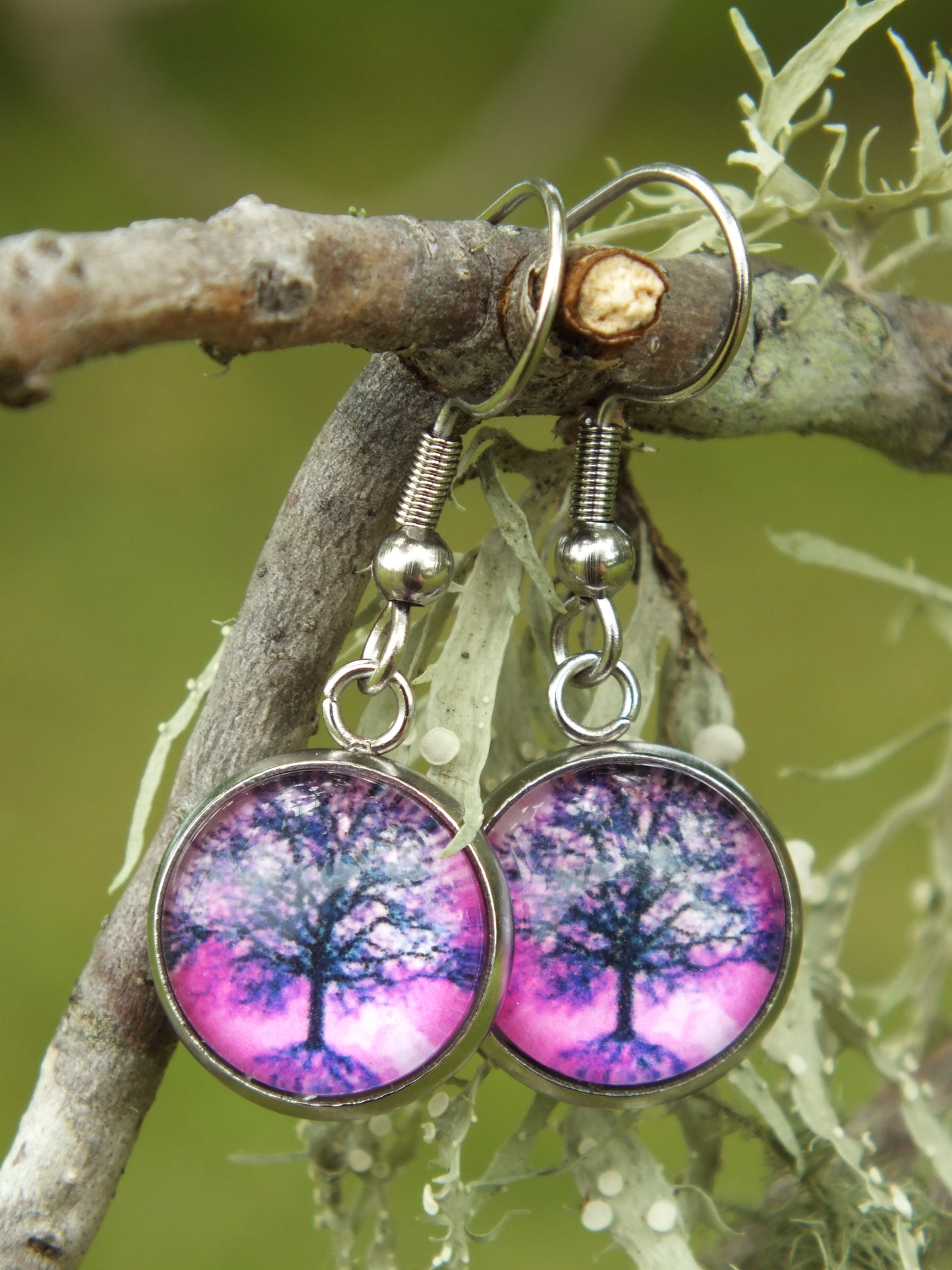 Purple Tree Of Life Cabochon Earrings