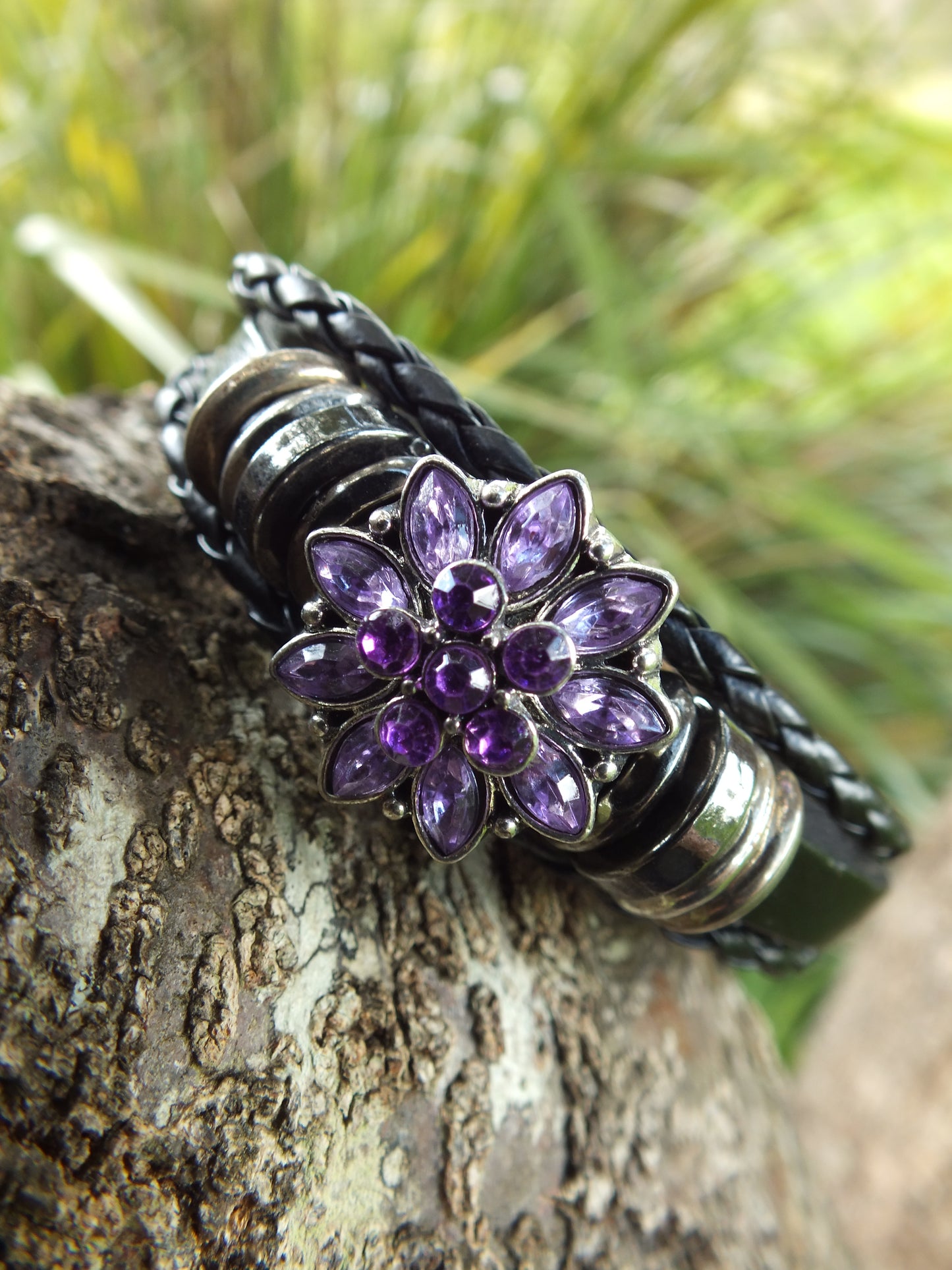 Black Leather Diamante Flower Snap Button Bracelet