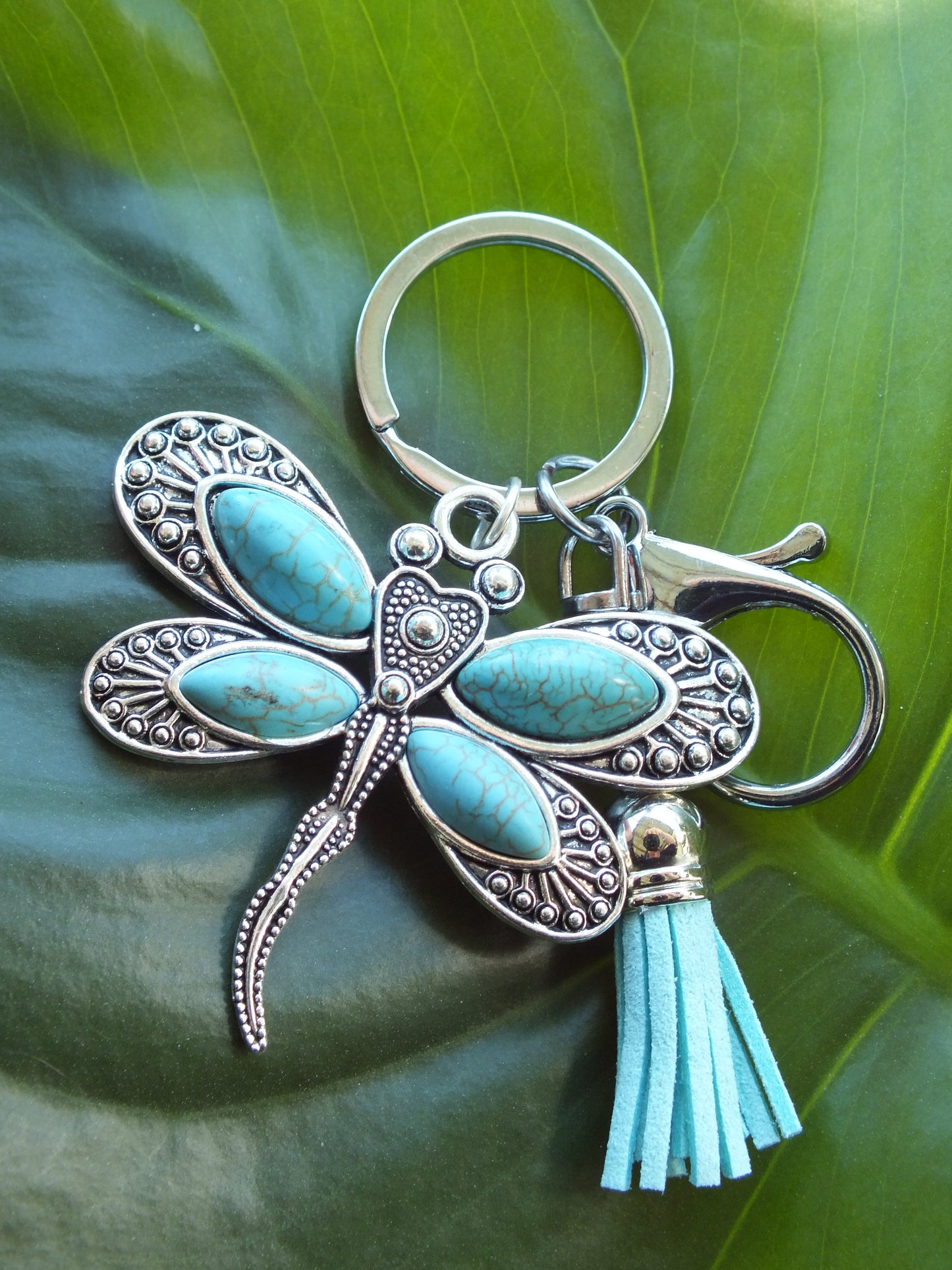 Turquoise Howlite Dragonfly Silver Tassel Keyring