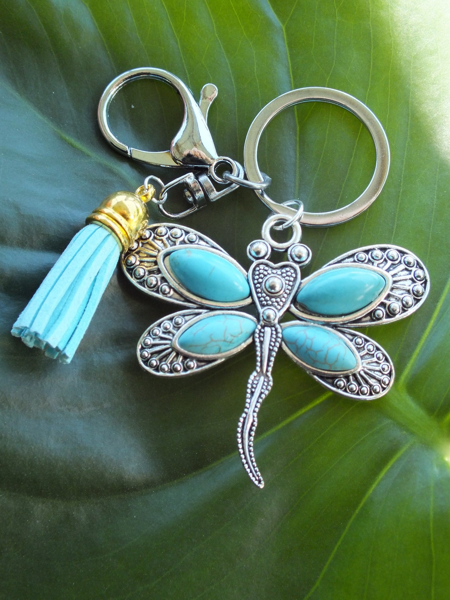 Turquoise Howlite Dragonfly Gold Tassel Keyring