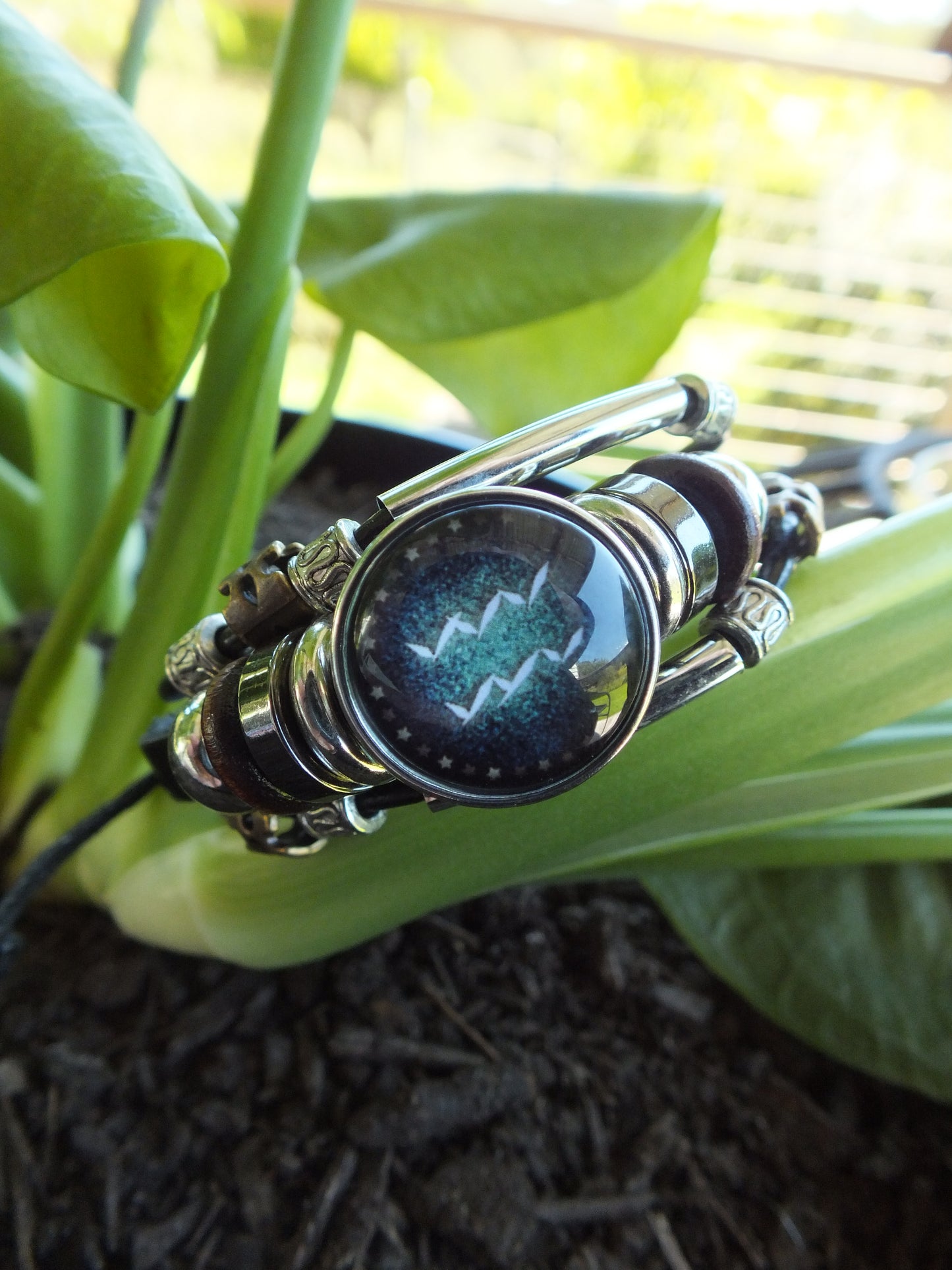 Aquarius Leather Snap Button Bracelet