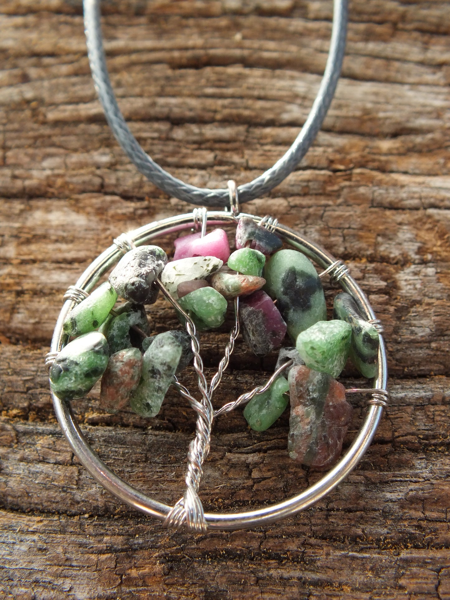 Ruby Zoisite Chip Wire Tied Tree Of Life Necklace