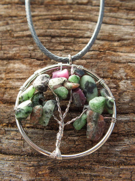 Ruby Zoisite Chip Wire Tied Tree Of Life Necklace