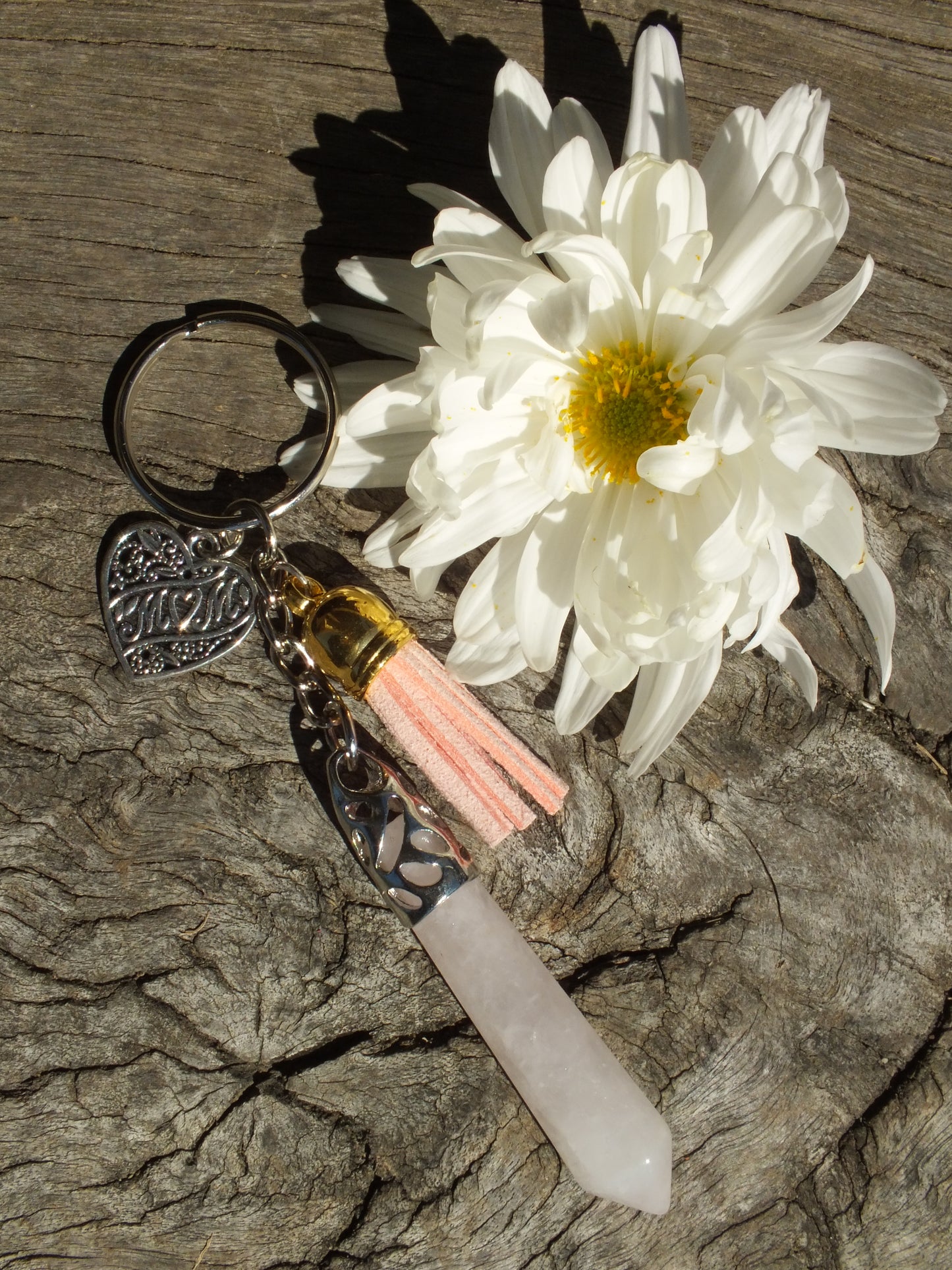 Rose Quartz Crystal Point Mum Keyring