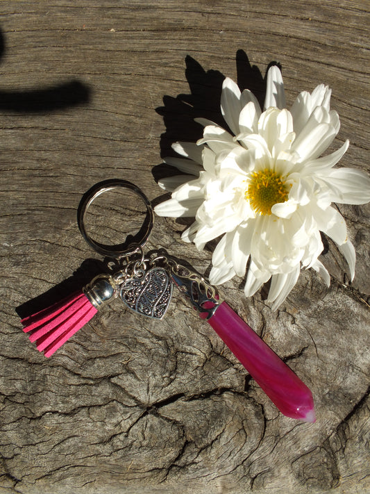 Pink Striped Agate Crystal Point Mum Keyring