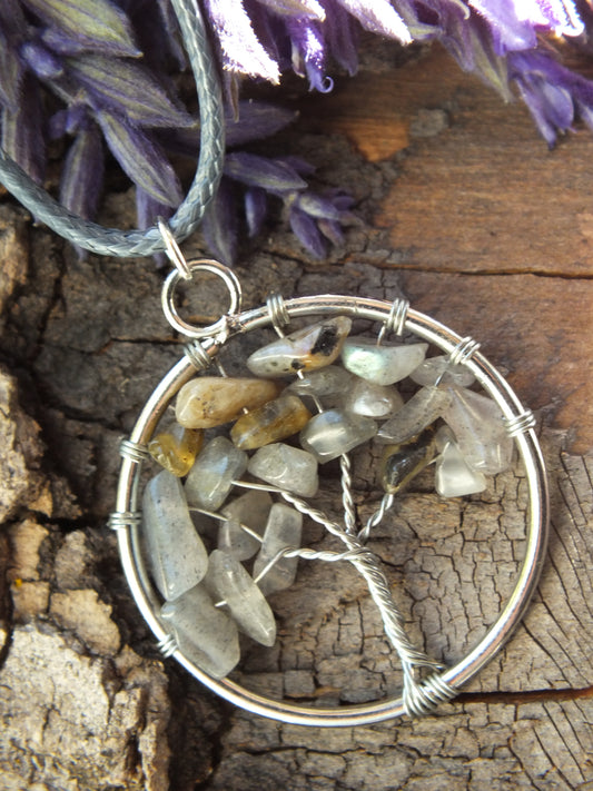 Quartz Chip Wire Tied Tree Of Life Necklace
