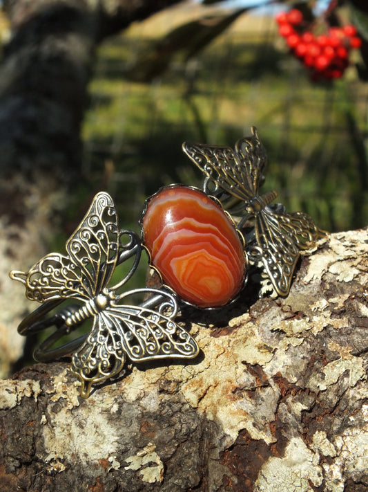 Antique Bronzed Copper Butterfly & Red Agate Bracelet