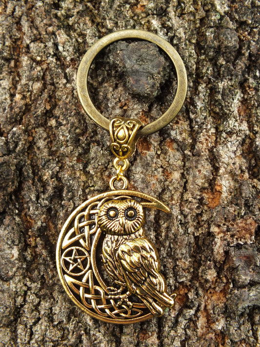 Celtic Moon & Owl Metal Keyring