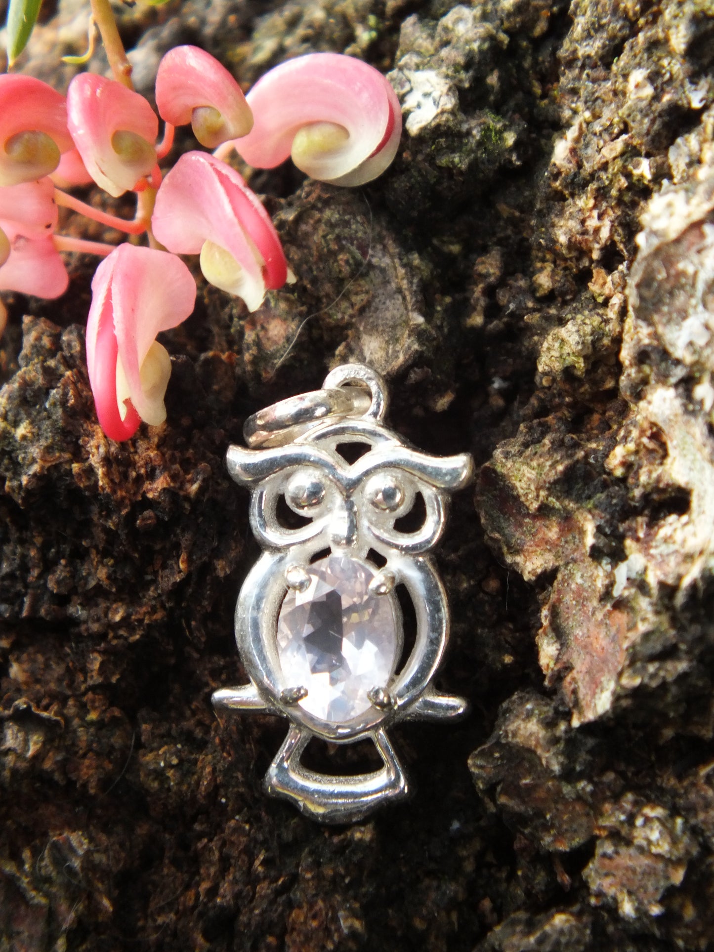 Sterling Silver & Rose Quartz Owl Pendant