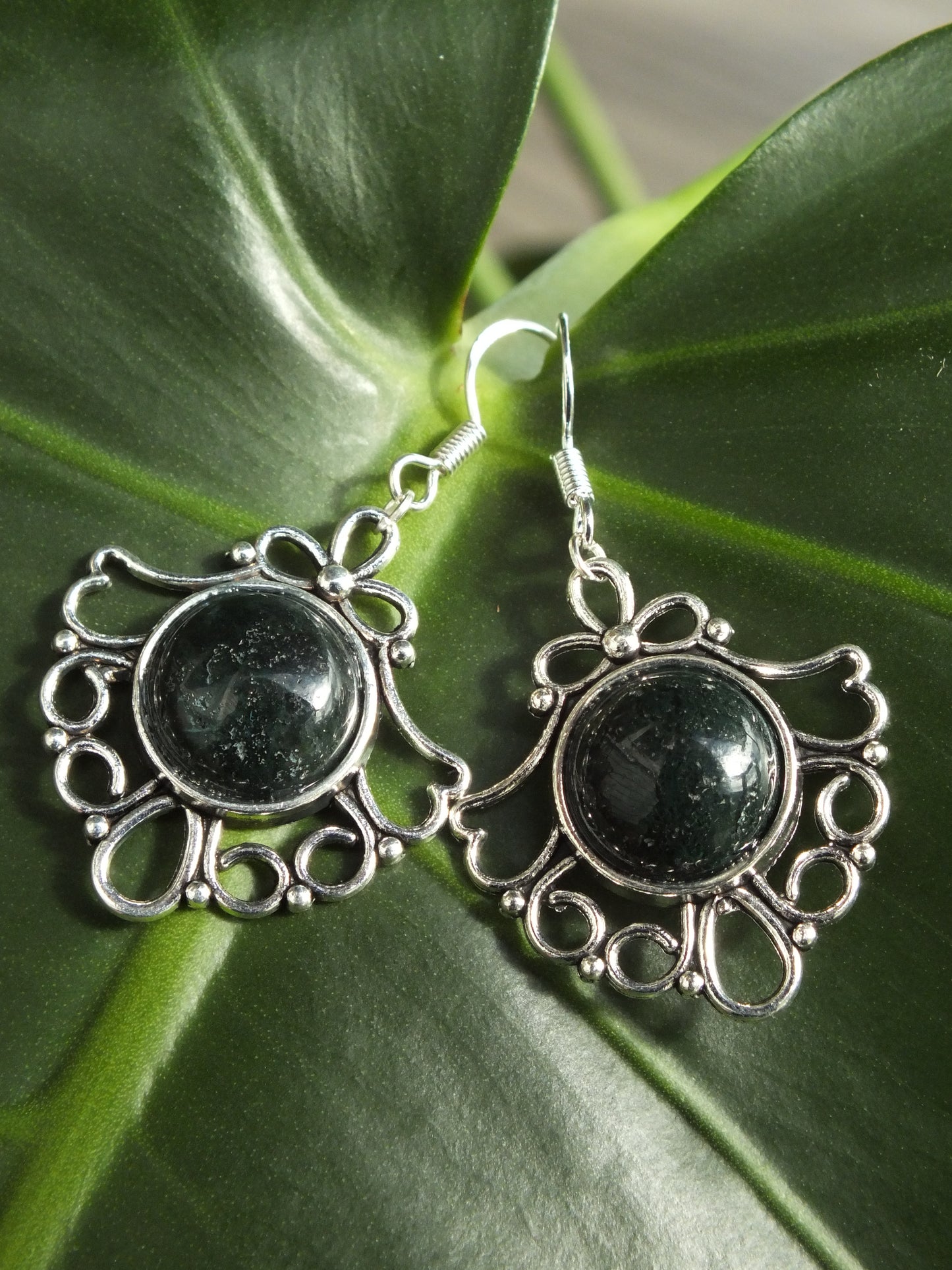 Green Agate Cabochon Dangle Earrings