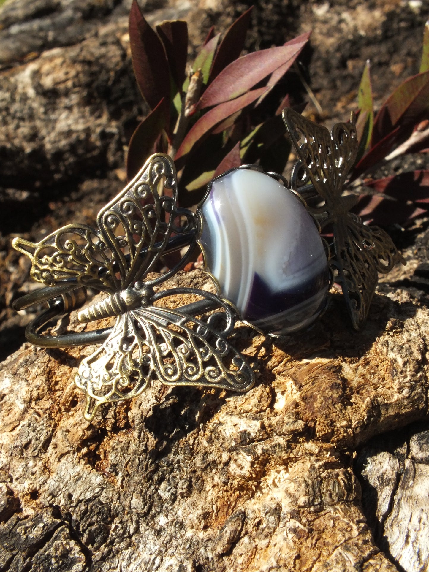 Antique Bronzed Copper Butterfly & Purple Agate Bracelet