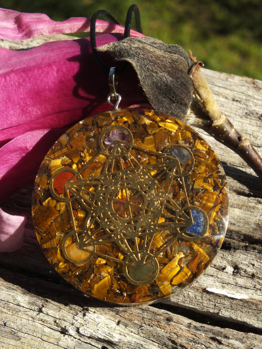 Chakra Tiger's Eye with Metatron Cube Orgonite Necklace