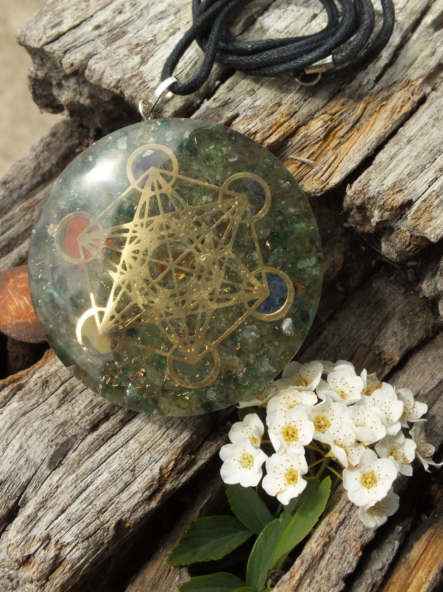 Chakra Green Quartz with Metatron Cube Orgonite Necklace