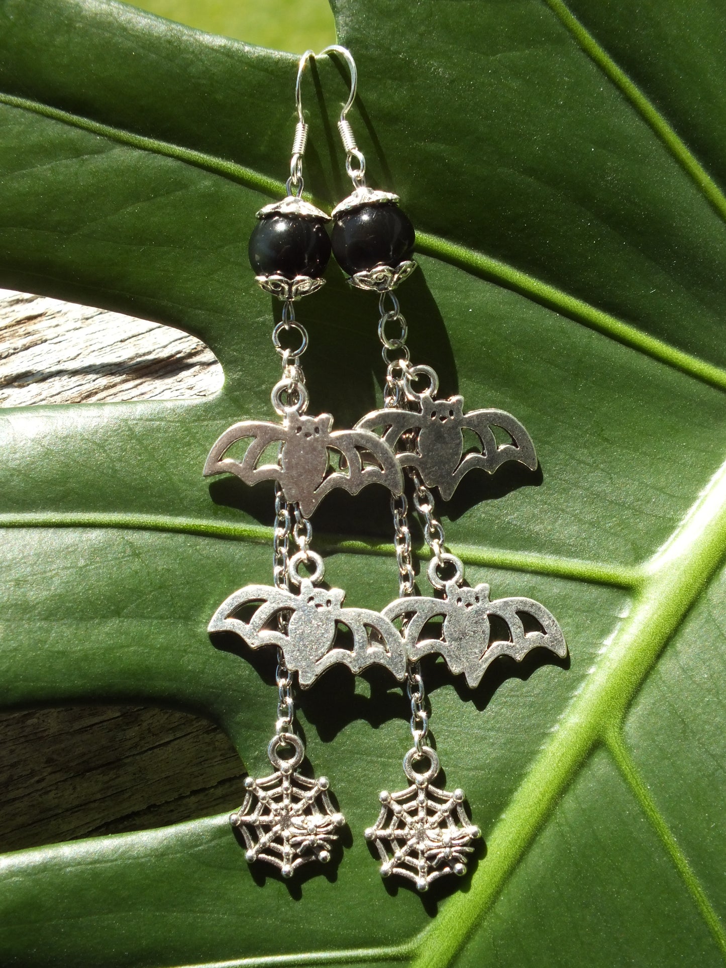 Obsidian Bat Chain Dangle Earrings