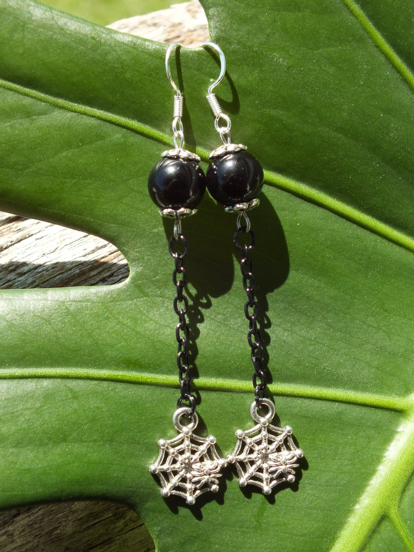 Obsidian Spider Web Chain Earrings