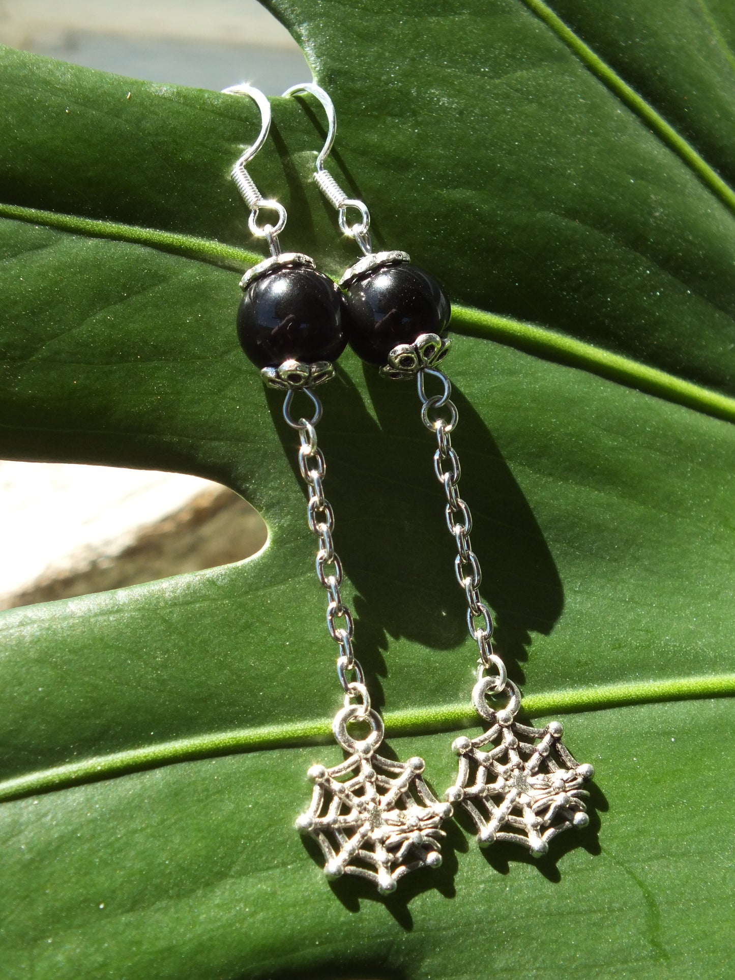 Obsidian Spider Web Chain Earrings