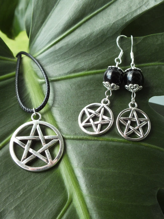 Obsidian Pentacle Earrings & Necklace Set