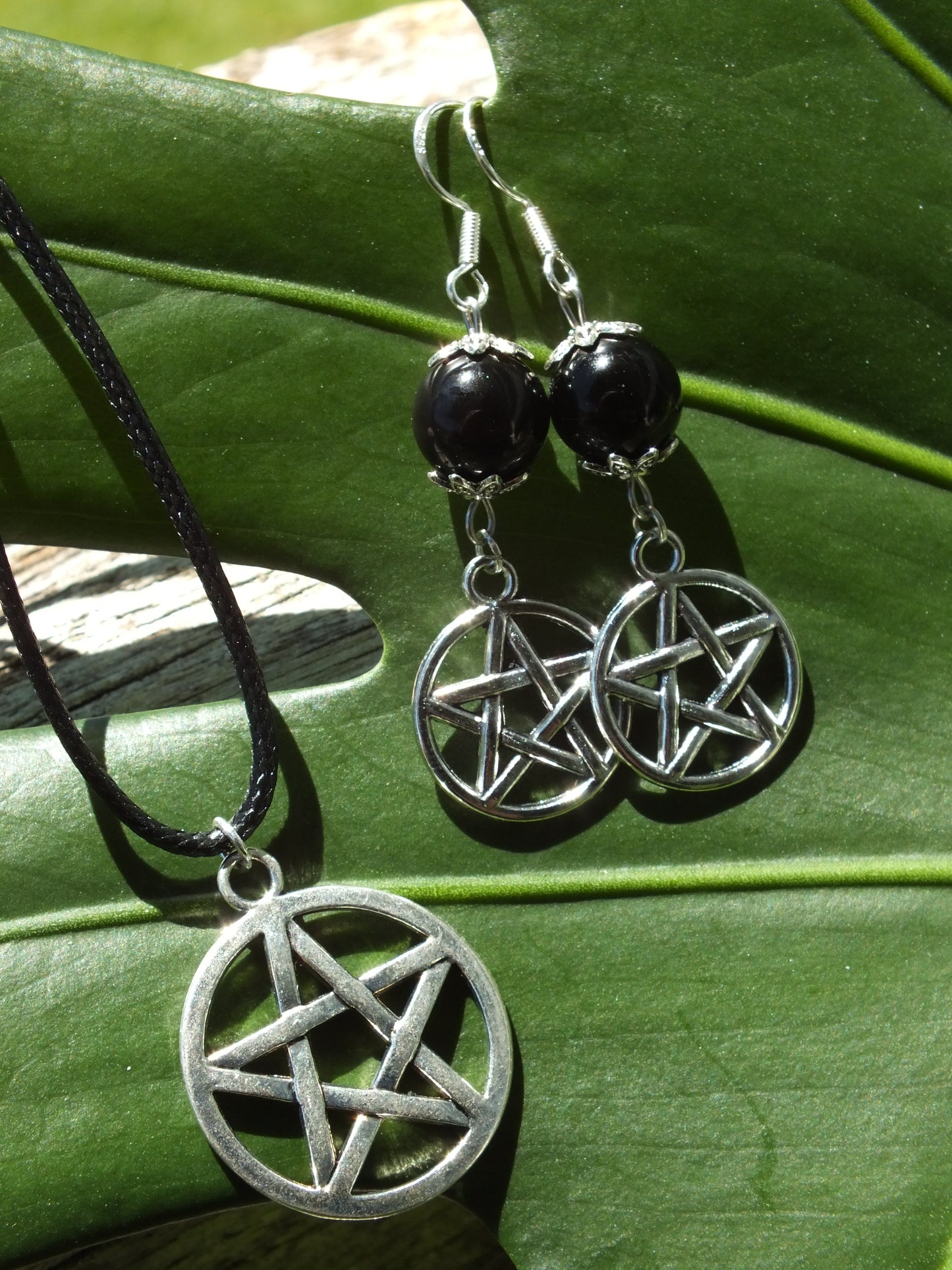 Obsidian Pentacle Earrings & Necklace Set