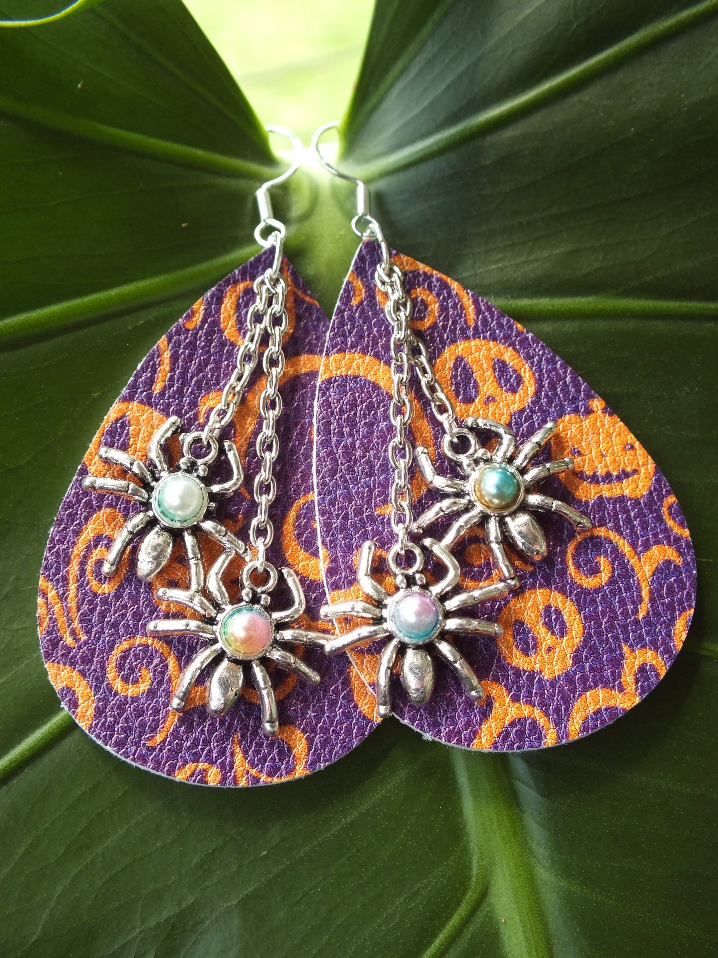 Halloween Leather & Chain Spider Earrings