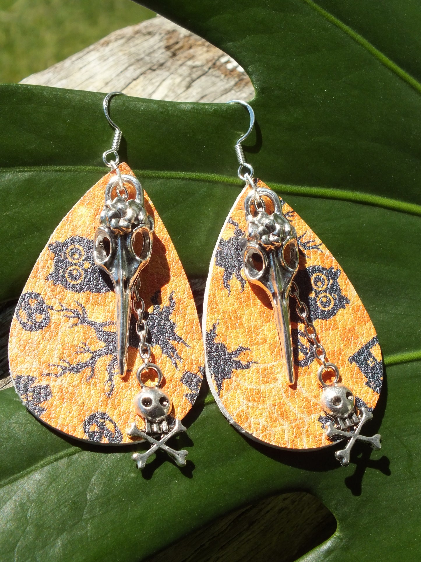 Halloween Leather & Chain Bird Skull Earrings