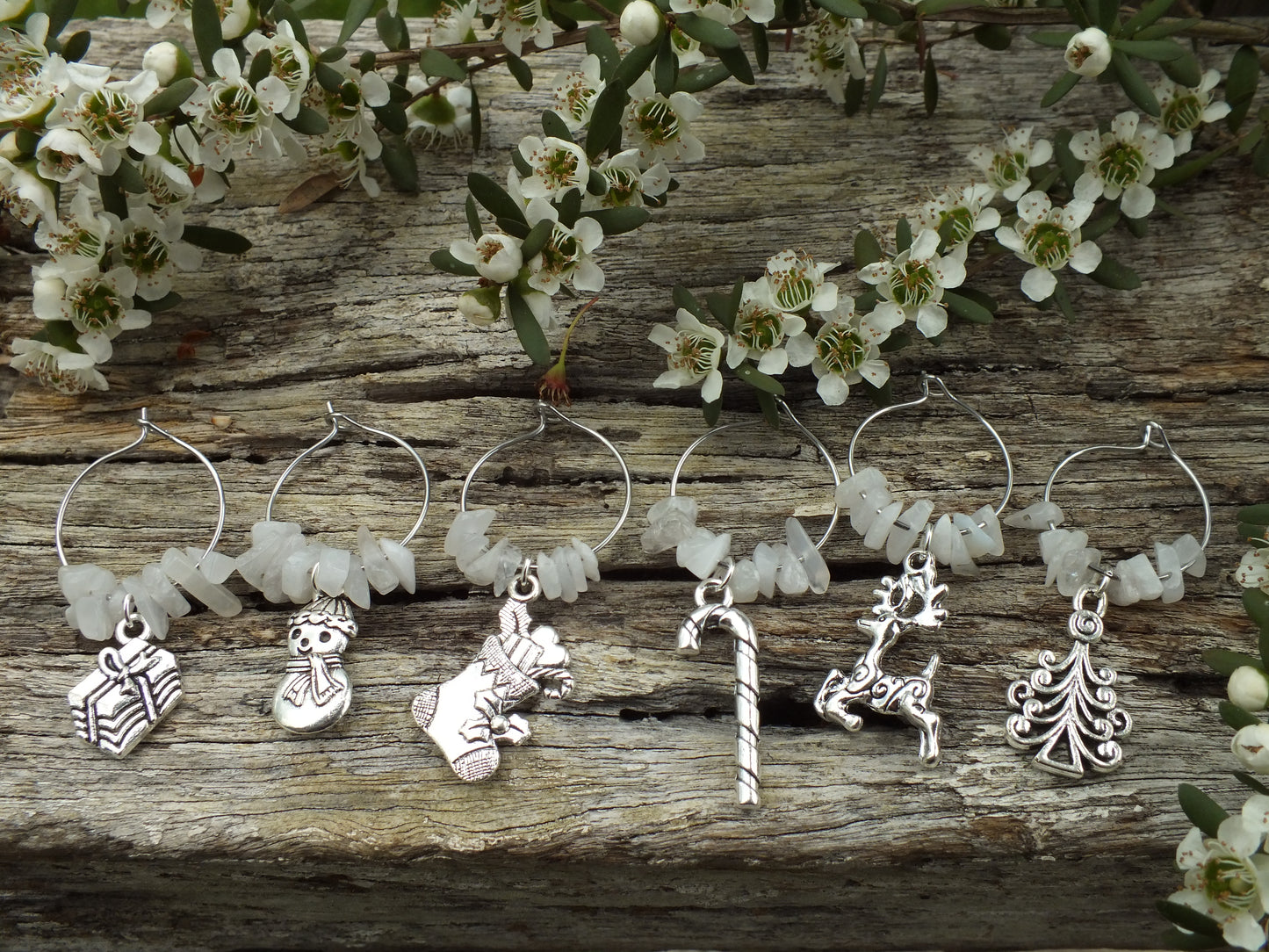 White Quartz Silver Christmas Wine Charms