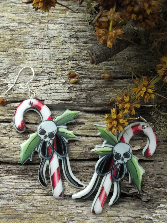 Alternative Christmas Skull Candy Cane Earrings