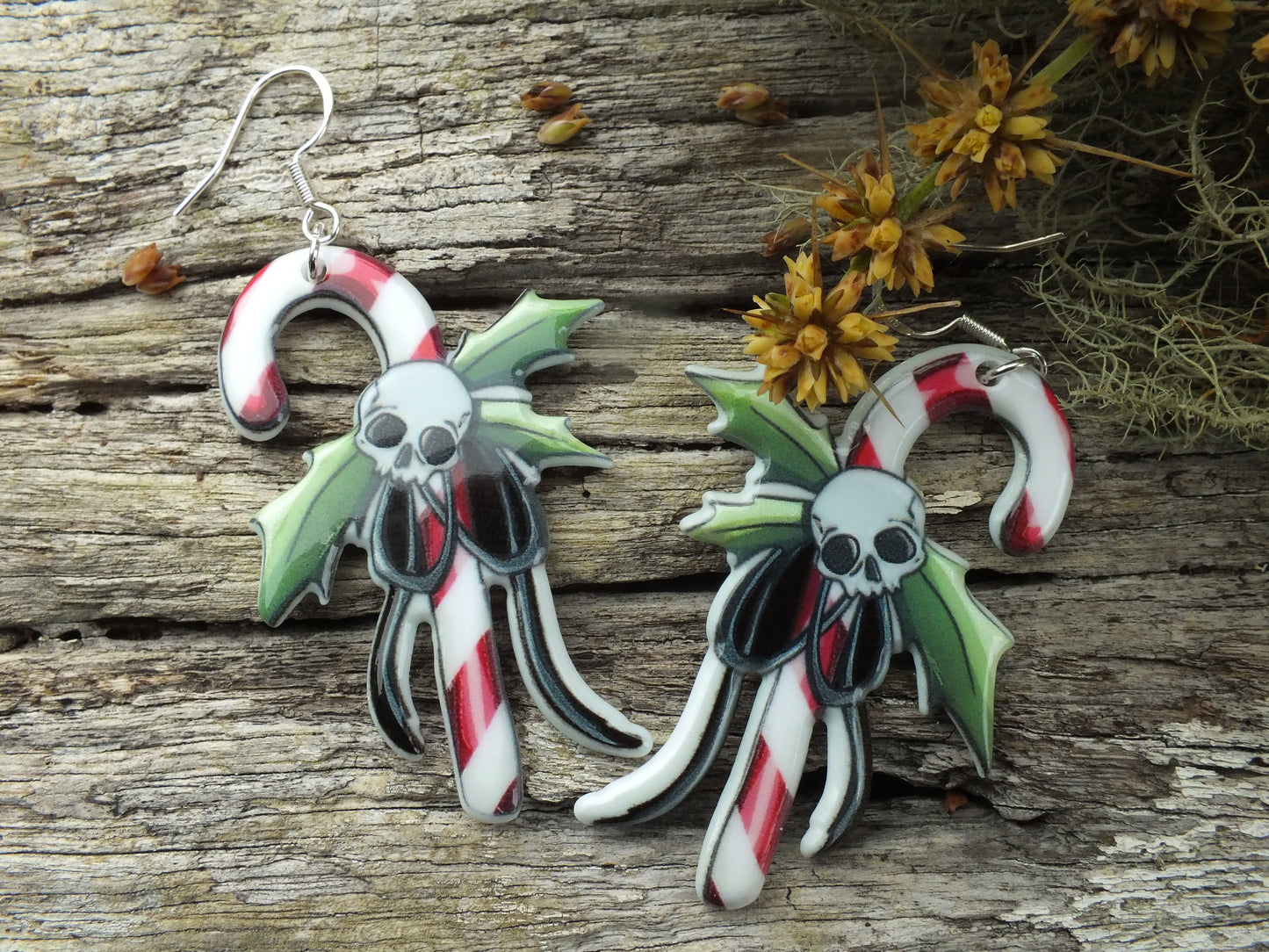 Alternative Christmas Skull Candy Cane Earrings