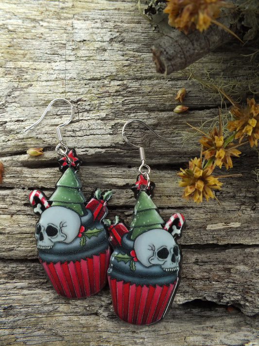 Alternative Christmas Skull Cupcake Earrings