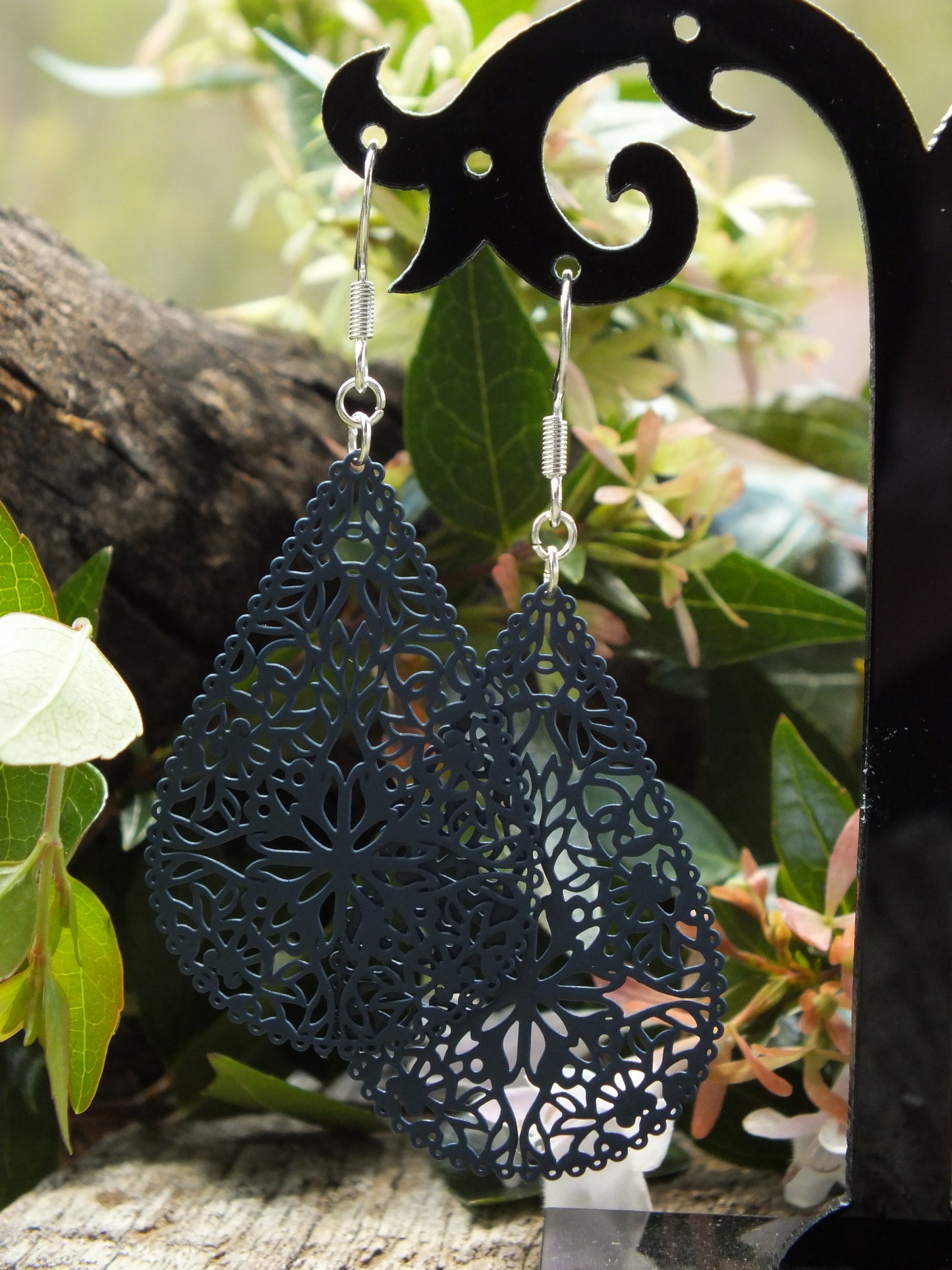 Navy Filigree Teardrop Earrings