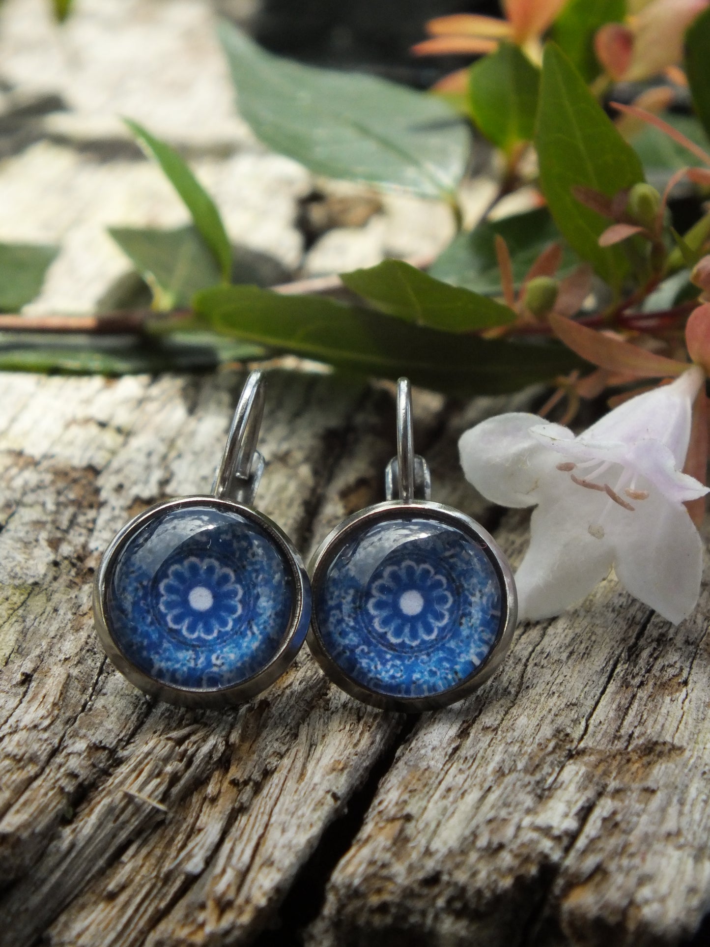 Blue & White Cabochon Earrings
