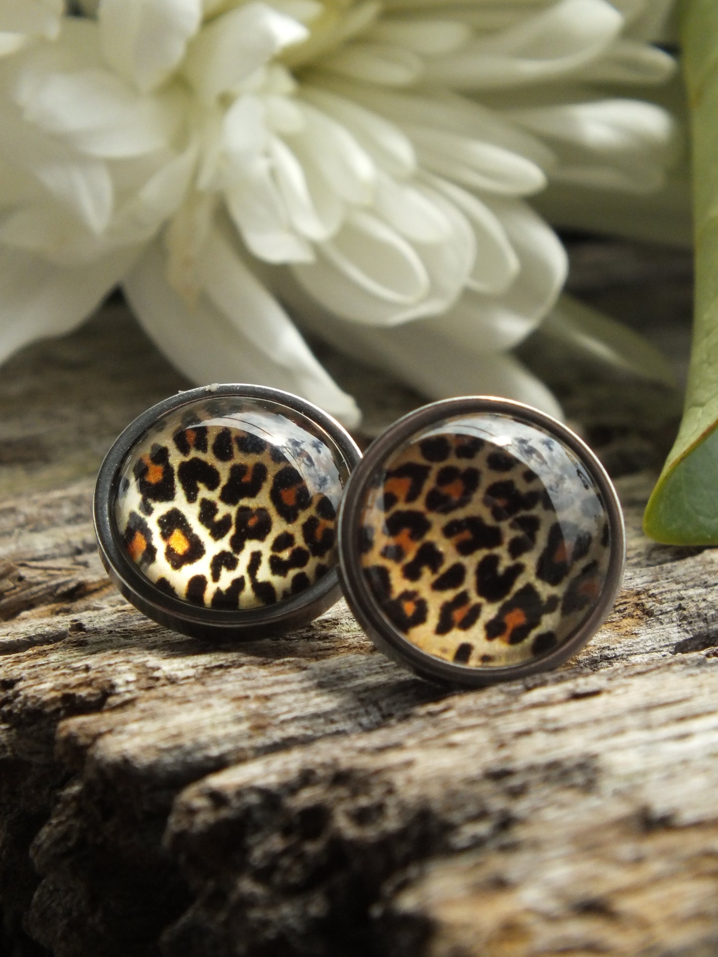 Leopard Print Cabochon Stud Earrings