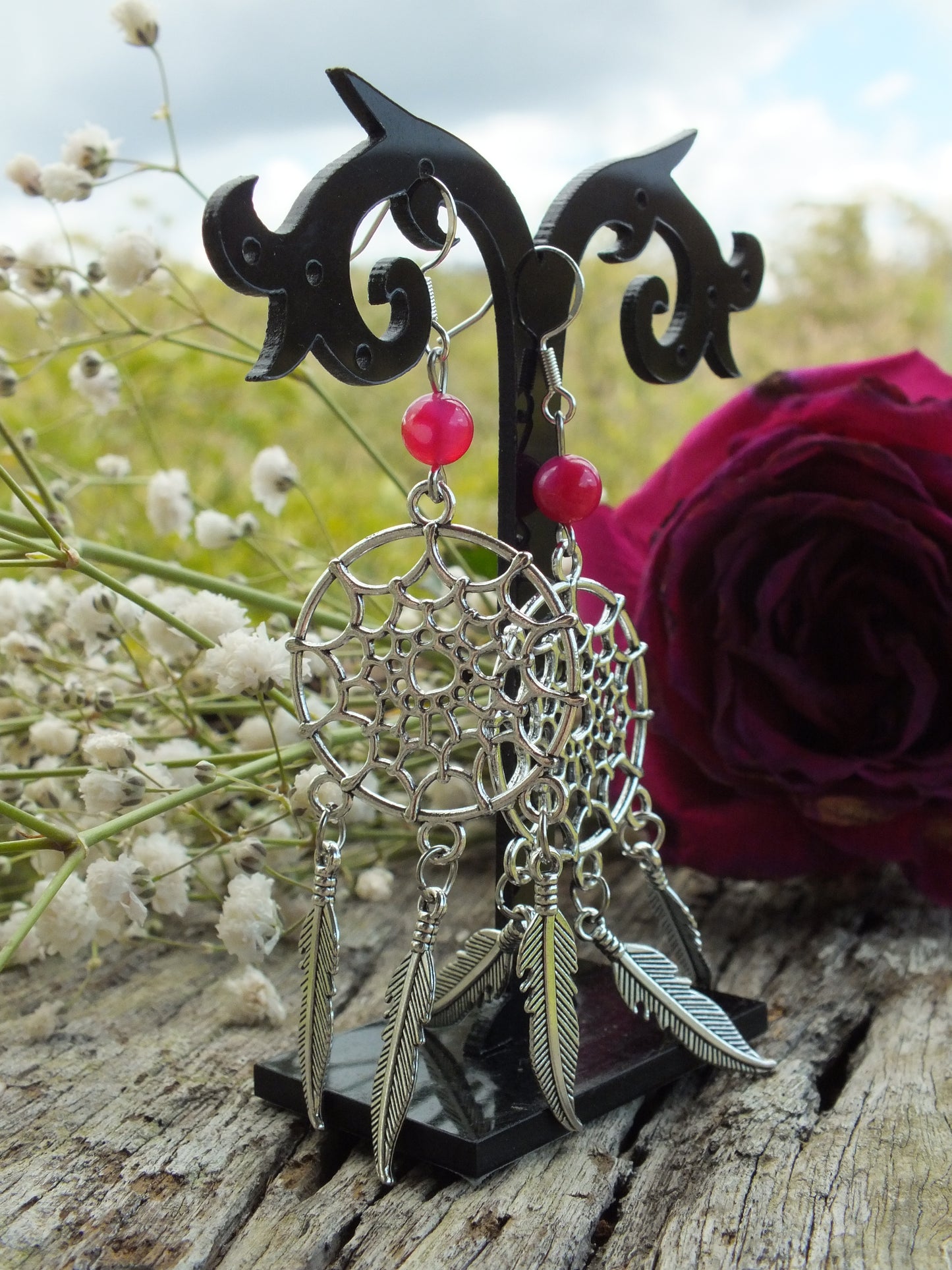 Pink Agate Dreamcatcher Earrings